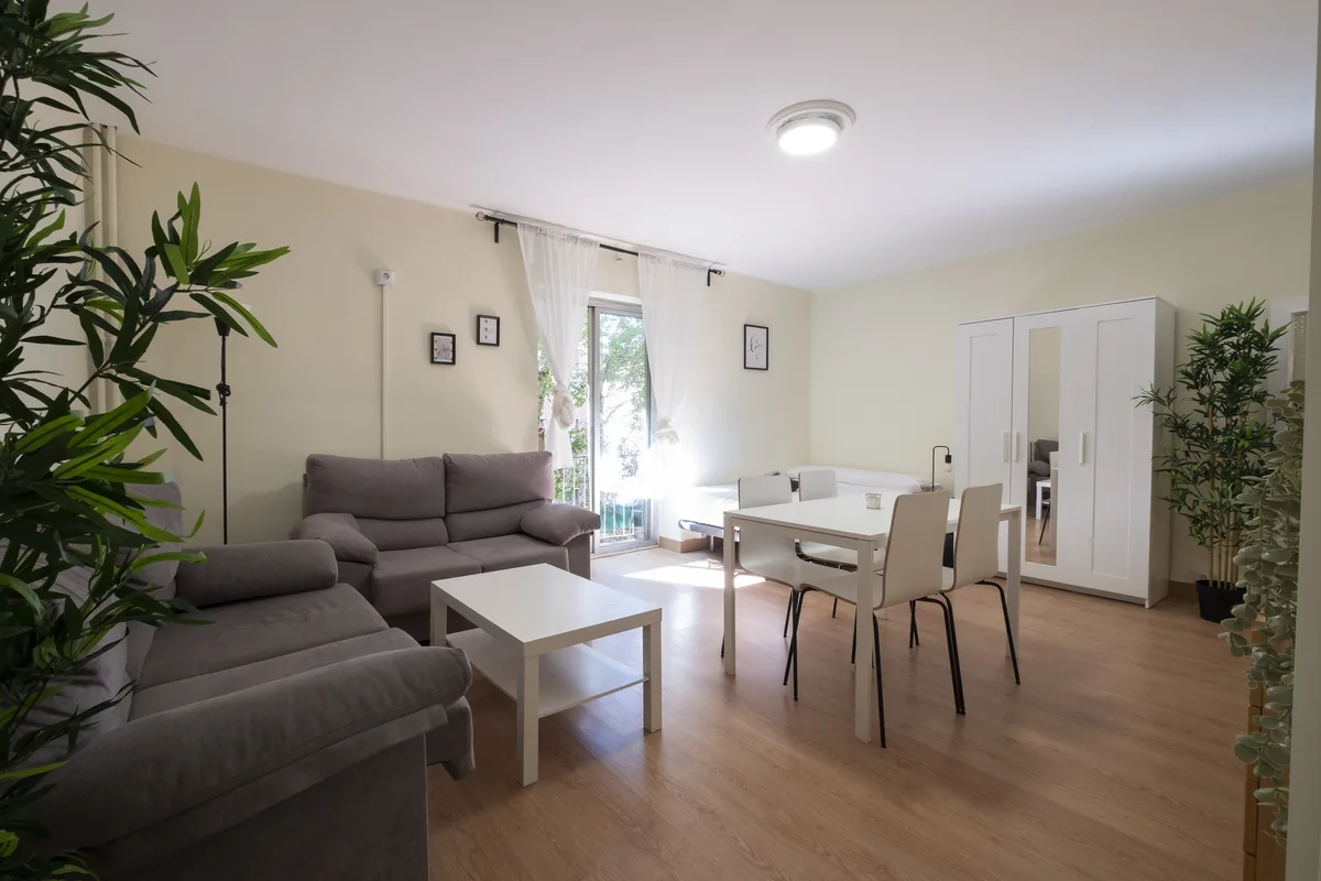 Salón de una vivienda gestionada por Verantia, con sofá, mesa de comedor y plantas junto a la ventana